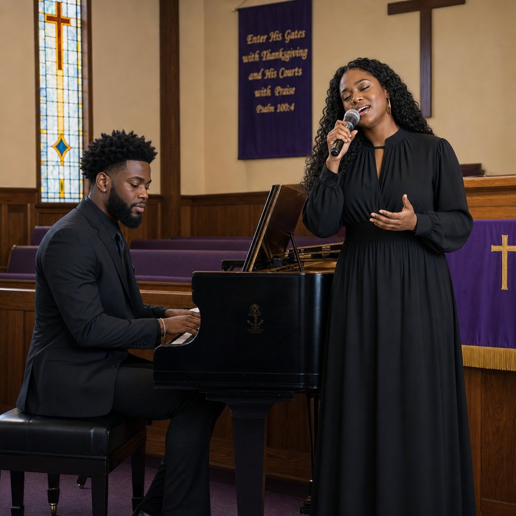 Virgil at the piano while Trinity sings