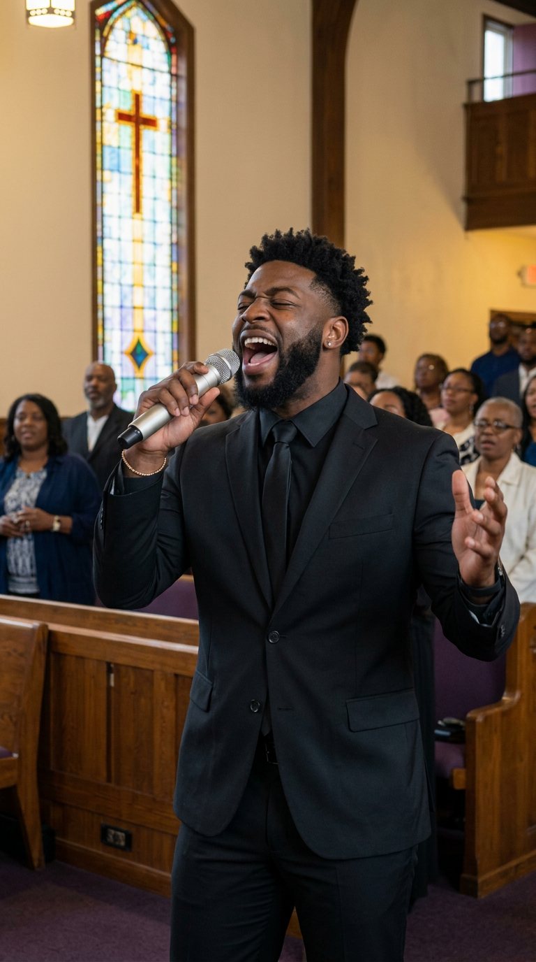 Virgil singing at the front of the church